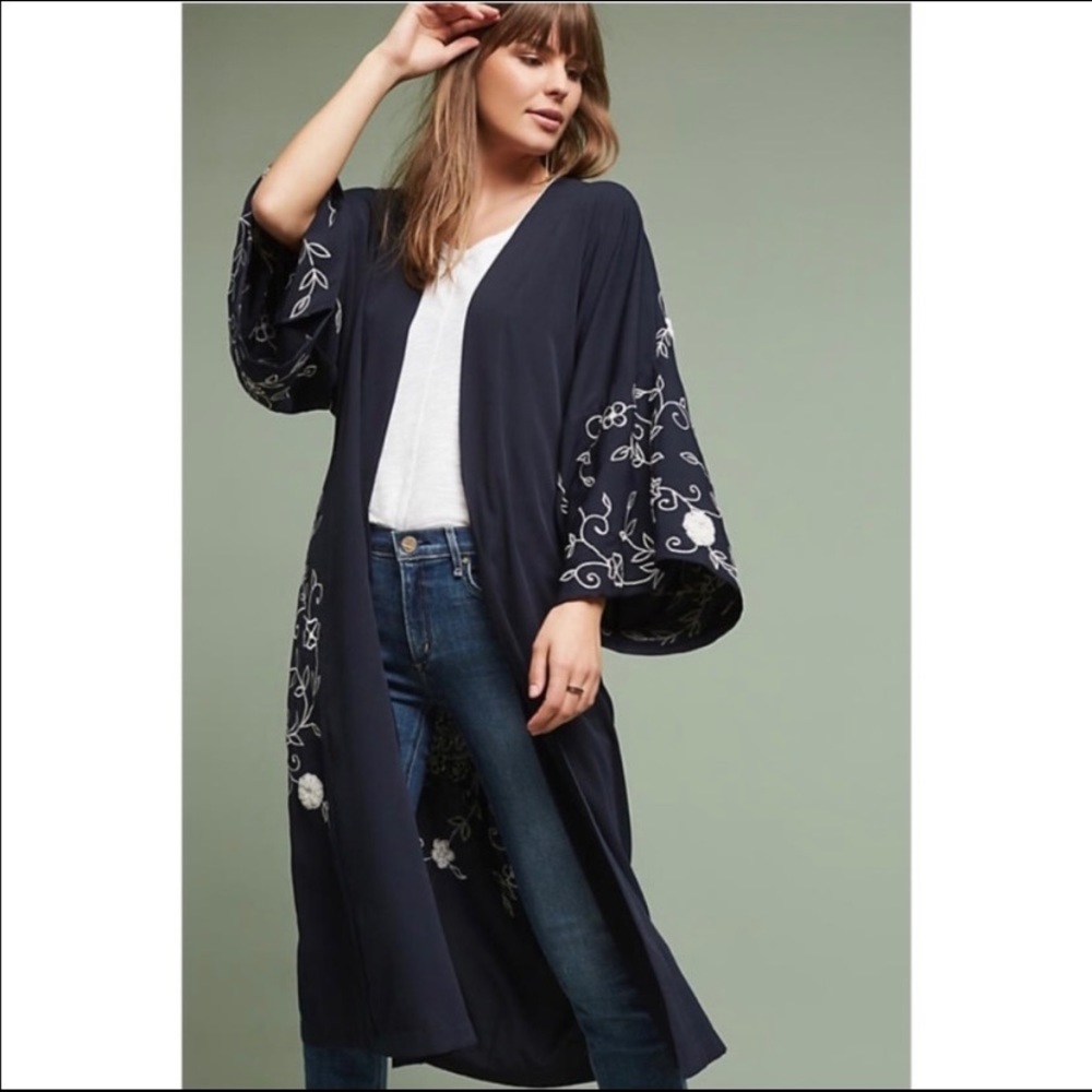 Boho Chic Navy Embroidered Robe with Pearl Accents